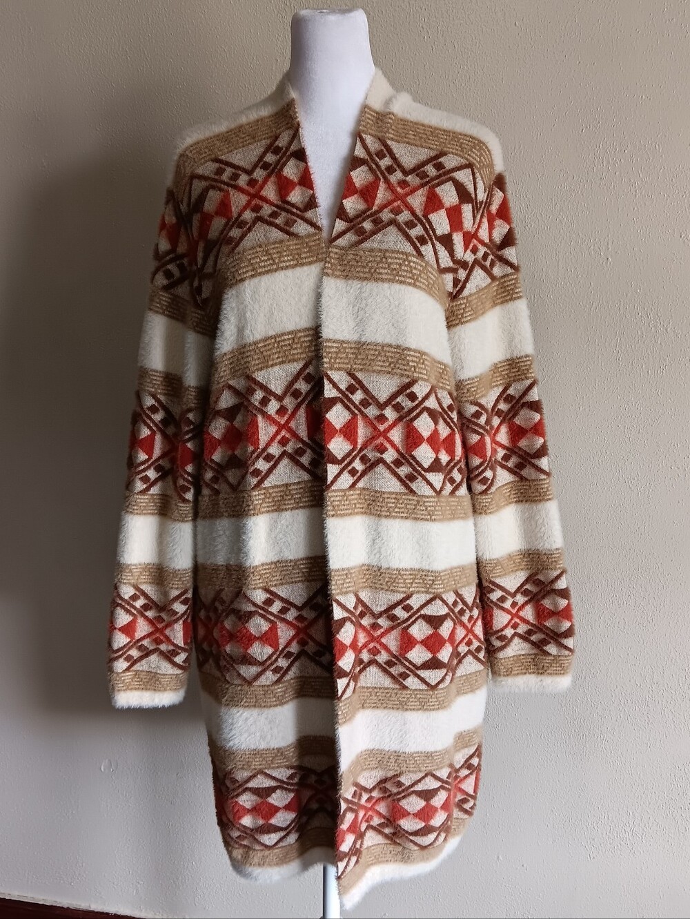 FSL, Southwestern Print Fuzzy Open Front Cardigan Sweater Size Small, Stripes